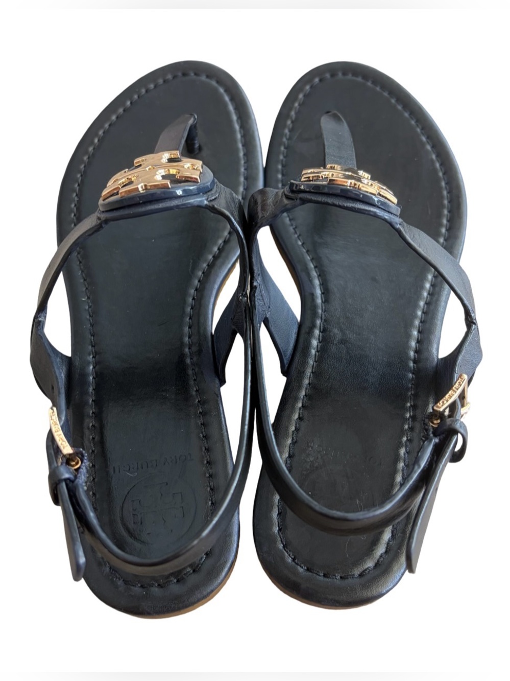 Tory Burch Black Leather Thong Sandals with Gold Logo Accent - Picture 8 of 14